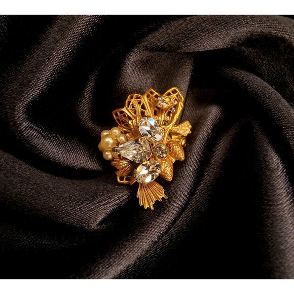 Rare Find Vintage Signed Original by Robert 1950's Brooch Pin Gold and Pearls - Picture 4 of 5